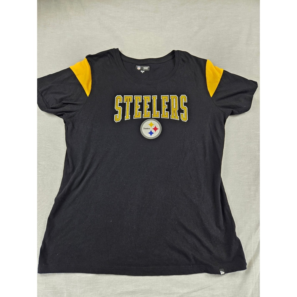 NFL Team Apparel Pittsburgh Steelers Black Graphic T-Shirt Women XL Glitter Logo